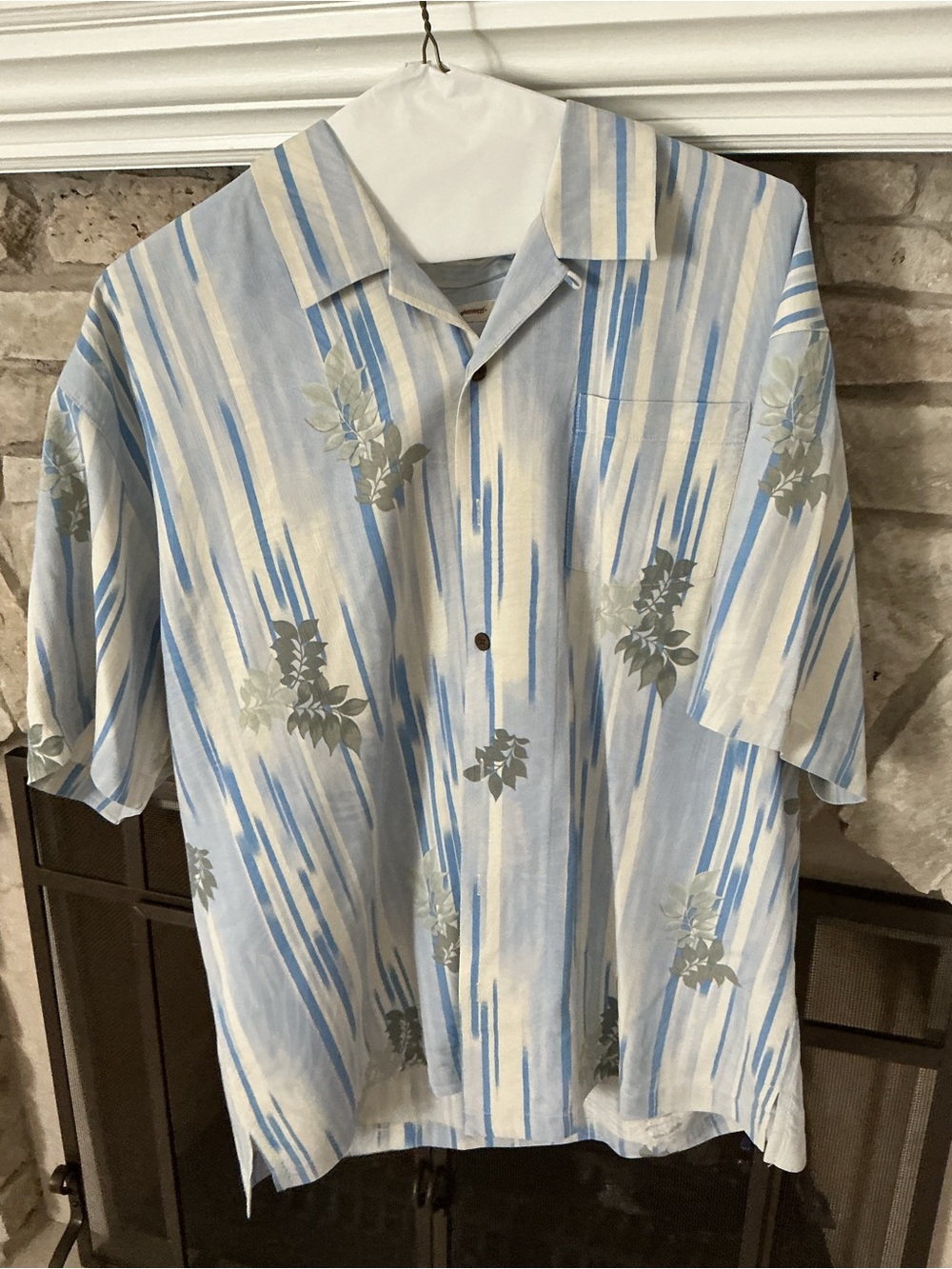 Tommy Bahama Light Blue and White Striped Floral Camp Shirt